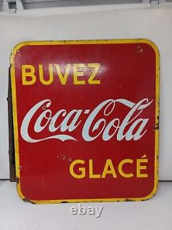 Vtg 1940s Buvez Coca Cola Glace' Porcelain Sign With Flange 19x17 Double Sided