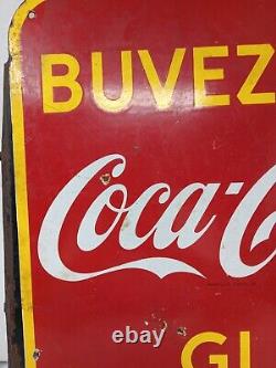 Vtg 1940s Buvez Coca Cola Glace' Porcelain Sign With Flange 19x17 Double Sided