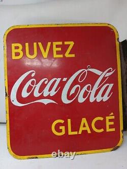 Vtg 1940s Buvez Coca Cola Glace' Porcelain Sign With Flange 19x17 Double Sided