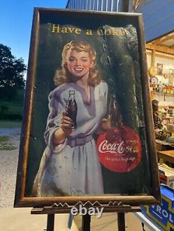 Vtg 1943 Coca Cola Have A Coke Lithograph Cardboard Sign WWII Era Rare! 52x32