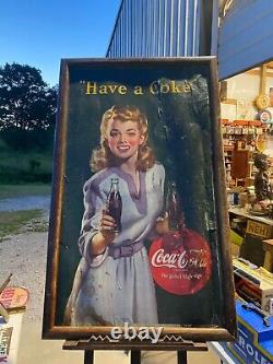 Vtg 1943 Coca Cola Have A Coke Lithograph Cardboard Sign WWII Era Rare! 52x32