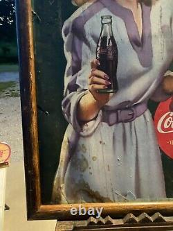 Vtg 1943 Coca Cola Have A Coke Lithograph Cardboard Sign WWII Era Rare! 52x32