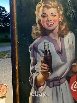 Vtg 1943 Coca Cola Have A Coke Lithograph Cardboard Sign WWII Era Rare! 52x32