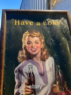 Vtg 1943 Coca Cola Have A Coke Lithograph Cardboard Sign WWII Era Rare! 52x32