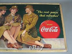Vtg 1943 Drink Coca Cola Cardboard Litho Sign Advertising Poster 20x36 WWII Era