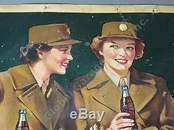 Vtg 1943 Drink Coca Cola Cardboard Litho Sign Advertising Poster 20x36 WWII Era