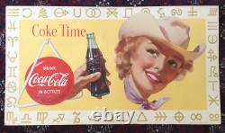 Vtg 1955 Coca Cola Coke Time Cowgirl Litho Cardboard Sign 36 x 20 Rare Orig