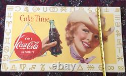 Vtg 1955 Coca Cola Coke Time Cowgirl Litho Cardboard Sign 36 x 20 Rare Orig