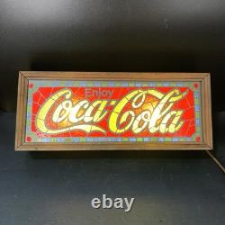 Vtg 1970's Coca-Cola Faux Stained Glass Advertising Display Light Wood Frame