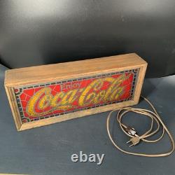 Vtg 1970's Coca-Cola Faux Stained Glass Advertising Display Light Wood Frame