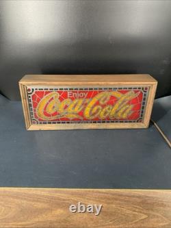 Vtg 1970's Coca-Cola Faux Stained Glass Advertising Display Light Wood Frame