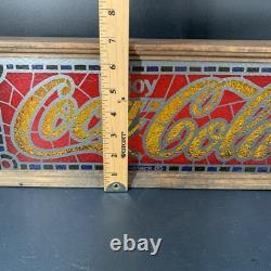 Vtg 1970's Coca-Cola Faux Stained Glass Advertising Display Light Wood Frame