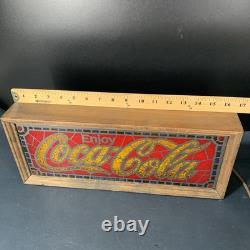 Vtg 1970's Coca-Cola Faux Stained Glass Advertising Display Light Wood Frame
