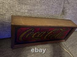 Vtg 1970's Coca-Cola Faux Stained Glass Plug In Display Light Wood Frame Tested