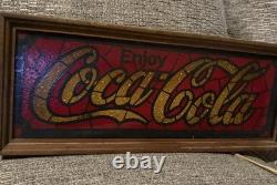 Vtg 1970's Coca-Cola Faux Stained Glass Plug In Display Light Wood Frame Tested