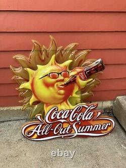 Vtg 1990s Coca-Cola All Out Summer Store Display Sign Sun Drinking Coke 28x25