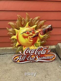 Vtg 1990s Coca-Cola All Out Summer Store Display Sign Sun Drinking Coke 28x25