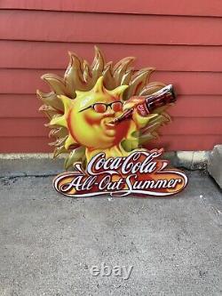 Vtg 1990s Coca-Cola All Out Summer Store Display Sign Sun Drinking Coke 28x25