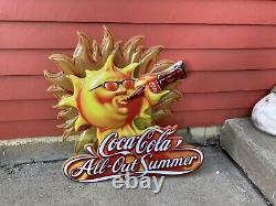 Vtg 1990s Coca-Cola All Out Summer Store Display Sign Sun Drinking Coke 28x25
