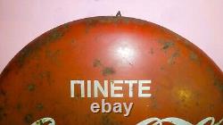 Vtg COCA-COLA BIG ROUND GREEK TIN METAL SIGN GREECE PUB CAFE DECOR 1960's RARE