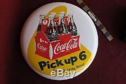 Vtg Coca Cola 16 Pick up 6 white button sign Ceramic Coke six pack