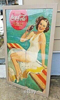 Vtg Coca Cola Pin Up Girl In Bathing Suit Framed Cardboard Sign Distressed 52x32