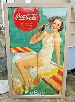 Vtg Coca Cola Pin Up Girl In Bathing Suit Framed Cardboard Sign Distressed 52x32