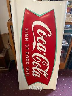 Vtg NOS 1960 Fishtail Embossed Logo Coke Coca Cola Sign 25x50 Tin Soda Advertisi