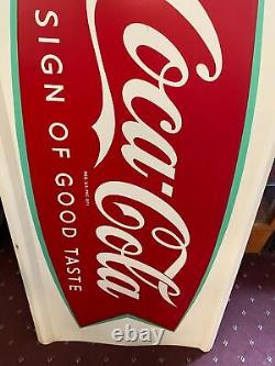Vtg NOS 1960 Fishtail Embossed Logo Coke Coca Cola Sign 25x50 Tin Soda Advertisi