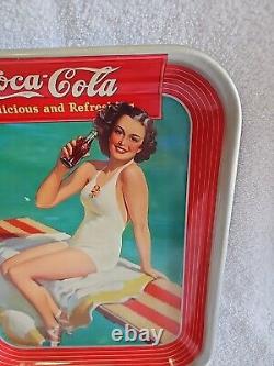 Vtg Original 1939 Coca Cola Springboard Girl Tray Sign Metal American Art Works