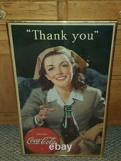 Vtg Wwii 1944 Coca Cola Choice Thank You Cardboard Lithograph Sign Framed 16x27